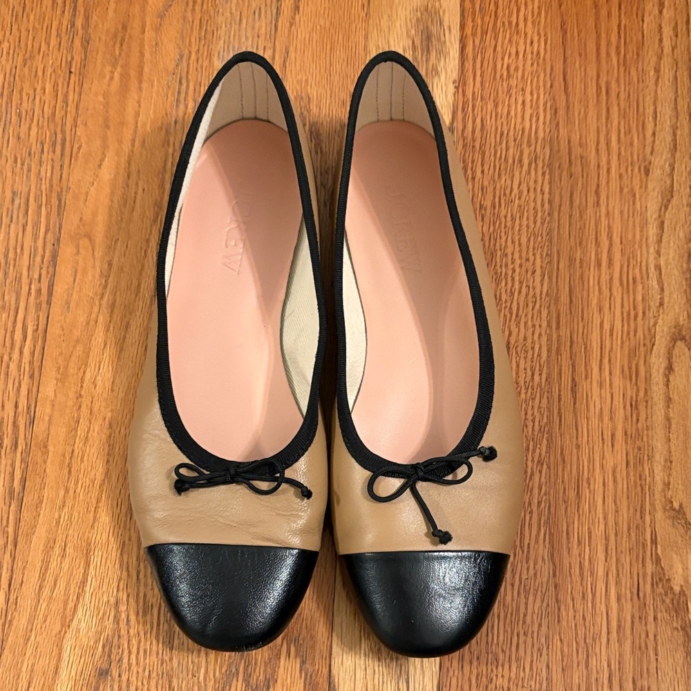 J. Crew Tan and Black Ballet Flats